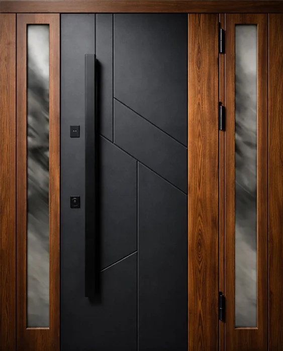 Входная дверь чёрная с геометрией и остеклением для частного дома №61