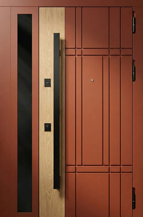 Входная дверь терракотовая со стеклянной вставкой и деревом №100