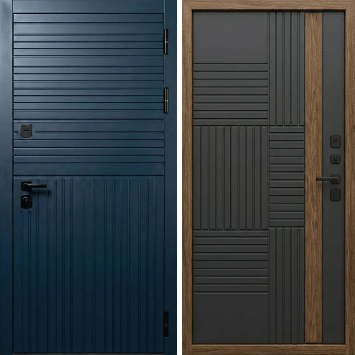 Стальная дверь с панелью HDF синяя с древесным акцентом внутри №355