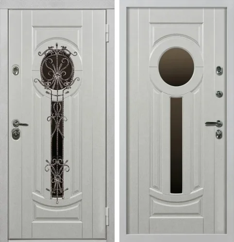 Белая металлическая дверь с окном и ковкой №10