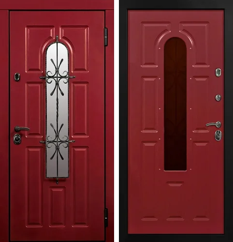 Входная дверь с окном в частный дом красного цвета №15