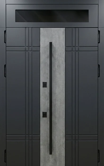 Стальная входная дверь антрацит с бетонной вставкой и фрамугой №121