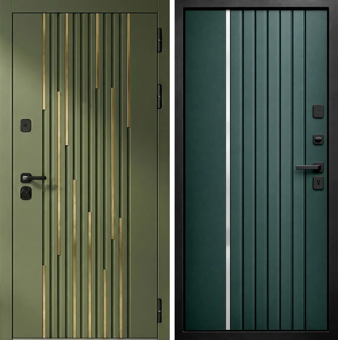 Железная оливковая дверь с вертикальным рельефом №304