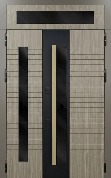 Металлическая дверь светлый дуб с фрамугой и узкими стеклопакетами №107