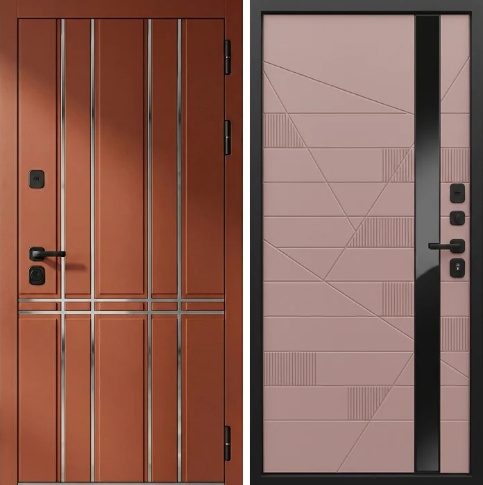 Входная терракотовая дверь с геометрической МДФ-панелью №302