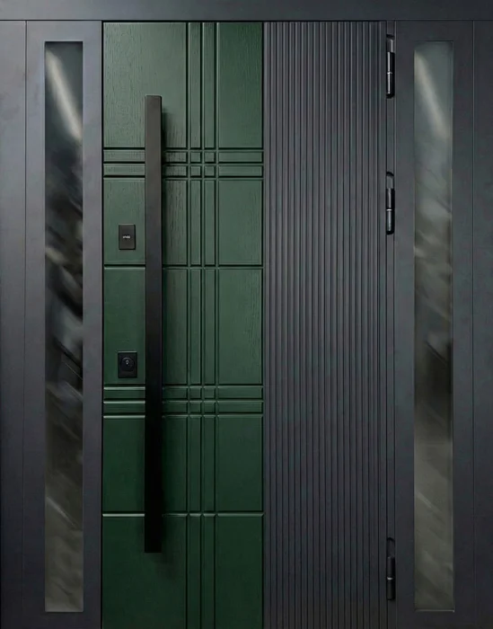 Металлическая входная дверь зелёная с боковым остеклением для частного дома №41