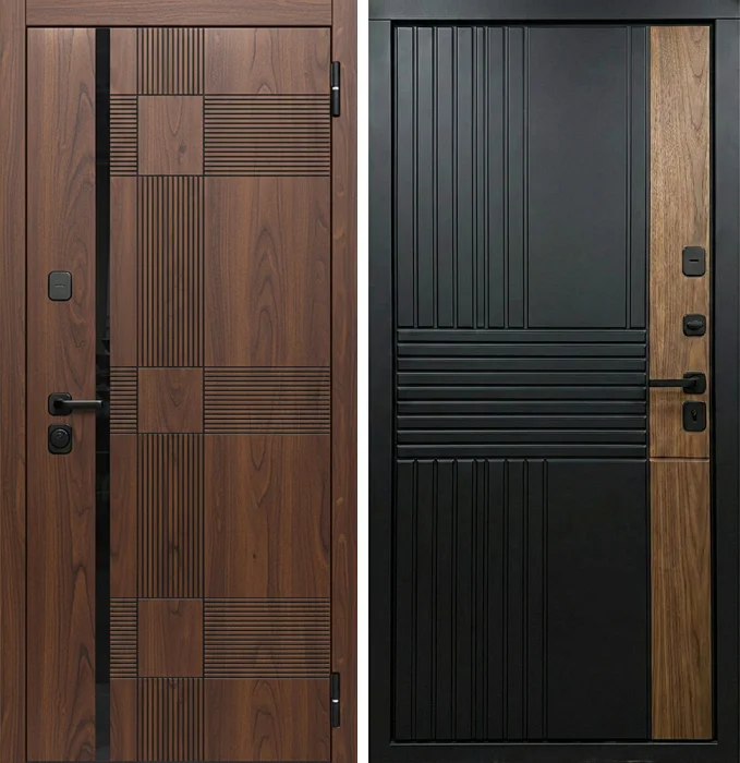 Входная дверь с тёмной МДФ-панелью и рейками №208