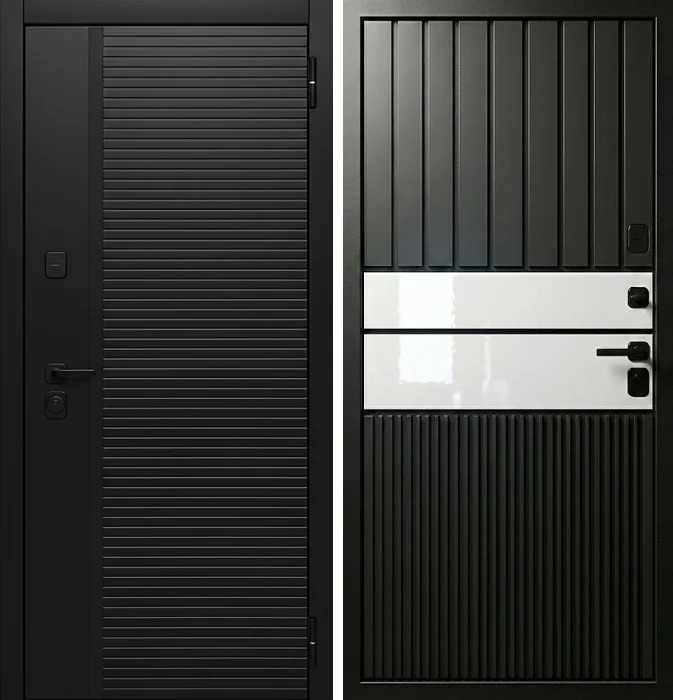 Металлическая графитовая дверь с рельефными ламелями и белой глянцевой вставкой №193