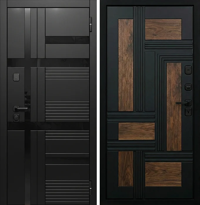 Стальная дверь чёрная с древесными вставками №205