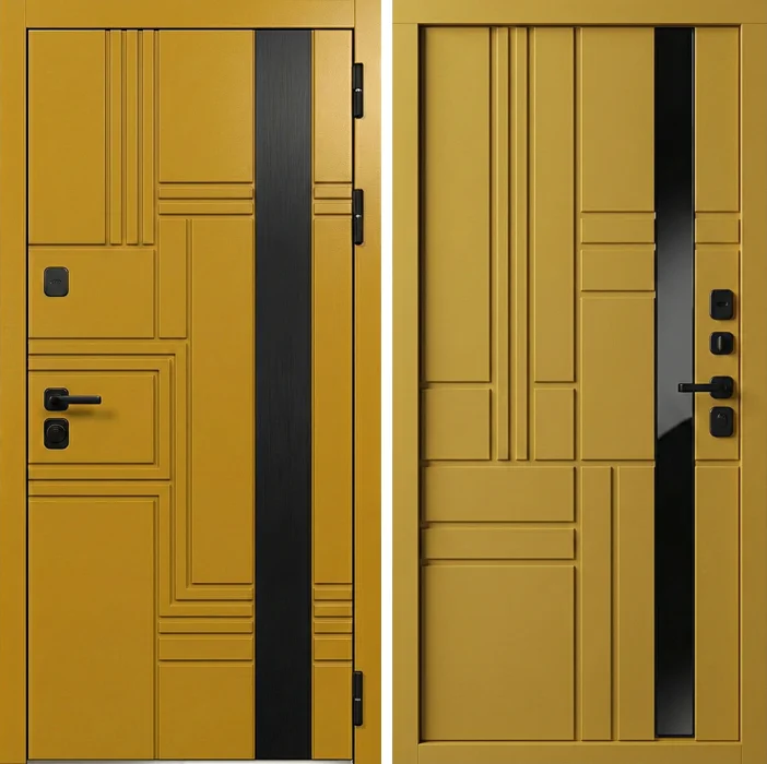 Жёлтая металлическая дверь с чёрной вставкой в стиле геометрия  №293